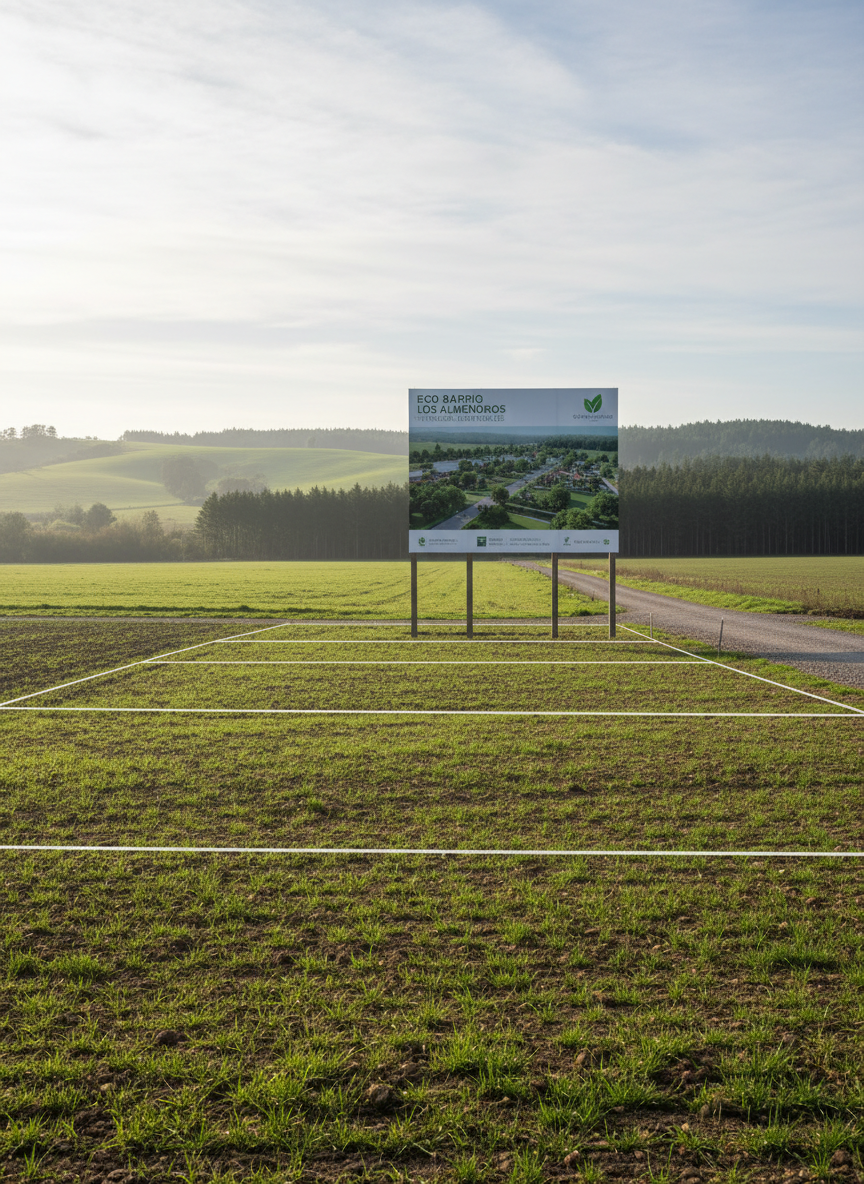 Un paisaje fotográfico realista que muestra un campo agrícola en transición hacia desarrollo inmobiliario sustentable: en primer plano, suelo fértil con pasto bajo y marcas de cal blanca delineando futuros lotes; en el medio, un camino de ripio compactado que conduce a un gran cartel de proyecto con un diseño moderno y sobrio, donde se ve un render del futuro barrio con abundante arbolado y espacios comunes. Al fondo, suaves lomas verdes y una franja de bosque nativo preservado. Luz de mañana clara y fresca, con cielo parcialmente nublado que genera sombras suaves. Composición en regla de los tercios, con enfoque nítido en todo el encuadre y sensación de propósito, orden y proyección a futuro.