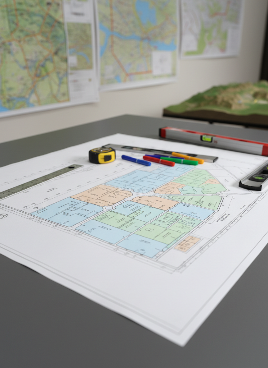 Un detalle fotográfico realista de un plano impreso de desarrollo de campos extendido sobre una gran mesa de trabajo gris grafito, acompañado de herramientas técnicas: regla metálica, cinta métrica, nivel y marcadores de colores organizados. El plano muestra un campo dividido en etapas, con manzanas, vías principales y áreas comunes claramente coloreadas en tonos azules, verdes y naranjas suaves. En el fondo, desenfocado, se distingue una pared con mapas rurales colgados y una maqueta parcial de terreno. Iluminación de estudio uniforme y suave desde arriba, que evita reflejos y resalta la nitidez de las líneas. Encuadre desde un ángulo ligeramente elevado, con profundidad de campo media que mantiene el plano en foco principal. La atmósfera es rigurosa, ordenada y altamente profesional.
