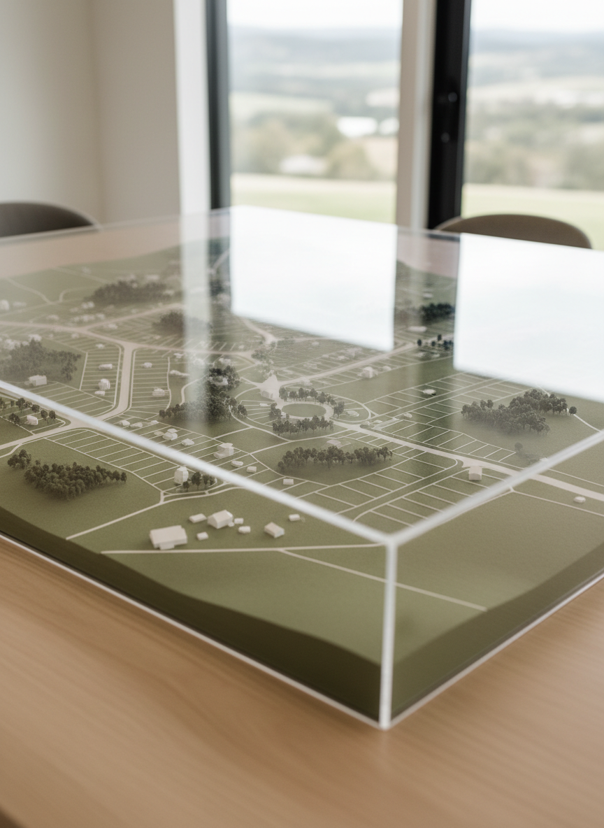 Un primer plano fotográfico realista de una gran maqueta física de un desarrollo inmobiliario en un entorno rural, colocada sobre una mesa de madera clara impecable en una sala de planificación minimalista. La maqueta muestra lotes bien trazados, caminos amplios y zonas verdes centrales, todo en tonos neutros y verdes suaves, con pequeños volúmenes blancos representando futuras viviendas. Detrás, un gran ventanal deja entrar luz natural difusa, resaltando los detalles y generando reflejos sutiles en el acrílico protector de la maqueta. La composición está tomada a nivel de la maqueta, con un ligero ángulo diagonal que guía la mirada a lo largo del desarrollo. La atmósfera es precisa, profesional y serena, con estética limpia y contemporánea.