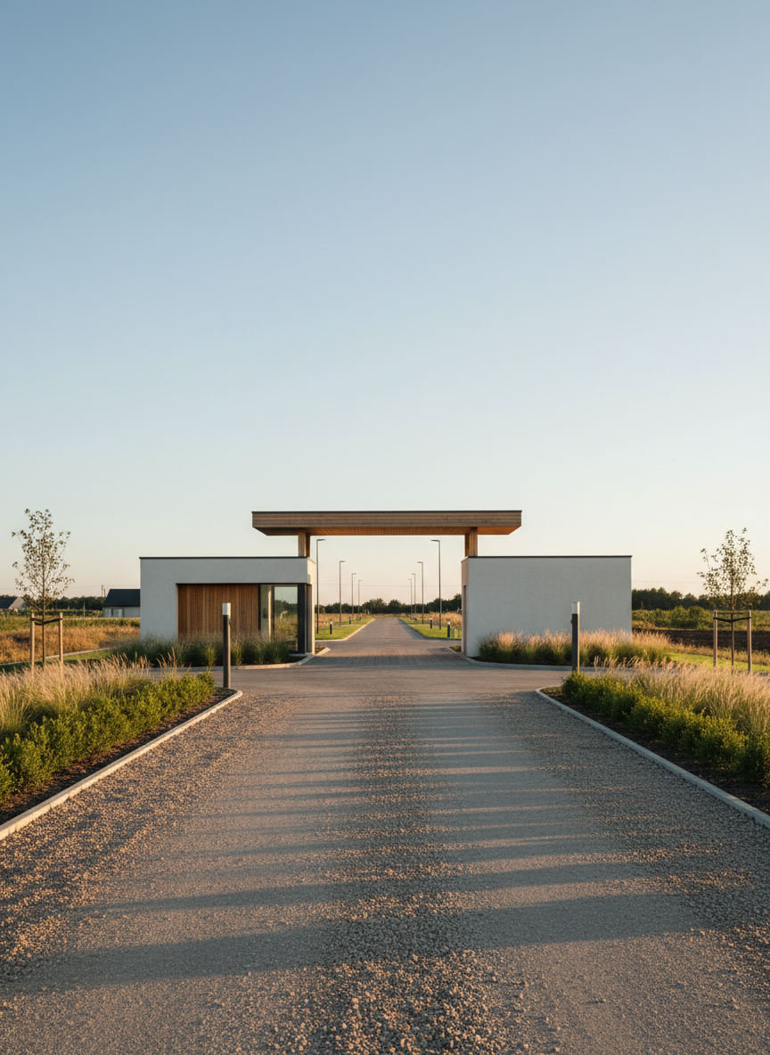 Una imagen fotográfica realista de un moderno portal de acceso a un desarrollo inmobiliario en medio del campo, sin presencia humana, con un diseño sobrio en hormigón claro y madera natural, integrándose con el entorno rural. El portal se ubica al final de un camino de entrada prolijamente compactado, flanqueado por cercos vivos y gramíneas ornamentales. Más allá del acceso, se ven calles internas trazadas y luminarias bajas listas para funcionar, pero aún sin construcción de viviendas, sugiriendo el potencial del proyecto. La luz de la hora dorada resalta las texturas de la madera y el hormigón, proyectando sombras suaves y alargadas. Composición a nivel del suelo, con perspectiva lineal que conduce la vista hacia el interior del desarrollo. Estética limpia, contemporánea y confiable.