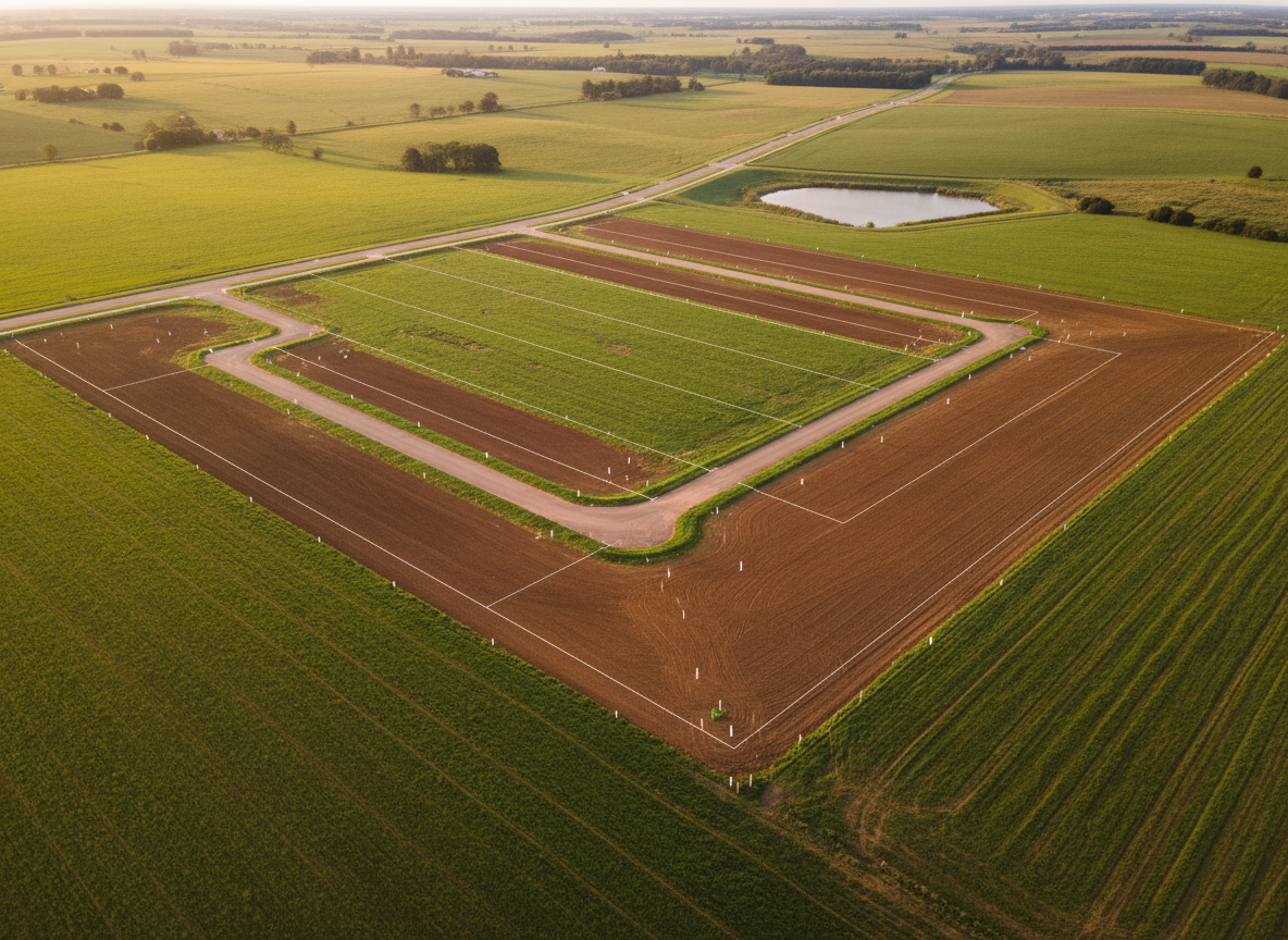 Una vista aérea fotográfica realista de un extenso campo rural cuidadosamente delimitado con líneas claras que señalan futuras manzanas, calles y áreas verdes de un desarrollo inmobiliario. El terreno combina suelos arados de tono ocre y franjas de pasto verde intenso, con estacas blancas y señales topográficas distribuidas con precisión. Al fondo se aprecia una pequeña laguna natural preservada como área ecológica, y una carretera asfaltada que conecta con el horizonte. La luz de atardecer baña el paisaje con un brillo dorado suave, creando sombras largas y un ambiente profesional y optimista. Composición en plano amplio desde un ángulo ligeramente oblicuo, con gran profundidad de campo y estética limpia, moderna y corporativa.
