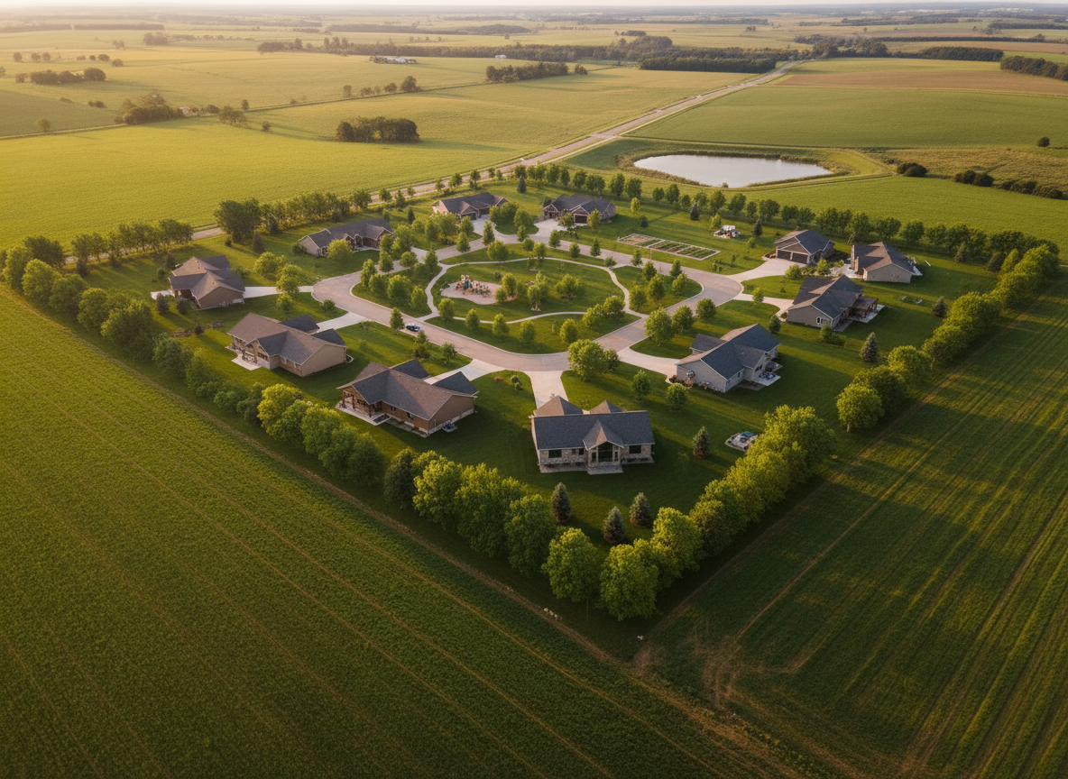 Vista aérea realista tipo dron de una urbanización de baja densidad, con lotes amplios, calles arboladas y espacios verdes, iluminación suave al atardecer, estilo fotográfico profesional.